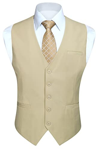 HISDERN Gilets Sans Manche Homme Gilet De Couleur Unie En Coton Pour Hommes Gilet De Costume De Mariage Soiree Formelle,Champagne,L