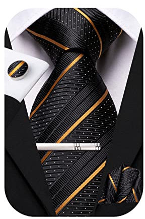 Hi-Tie Lot de 4 cravates classiques en soie pour homme - Mouchoir de poche - Boutons de manchette - Épingle à clip - Rayures solides - Cravate cachemire, Noir/doré, M