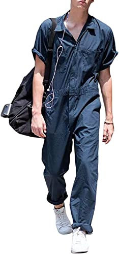 oytto Men's Overalls Zip-Front Solid Color Coverall Boiler Suit Protective Action Back Jumpsuit with Multi Pockets (Blue,M,M)