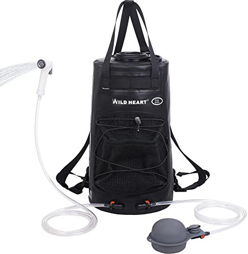WILD HEART Campingdusche 22L Tragbare Dusche für Camping mit Druckfußpumpe und Duschbeutel-Rucksack für Camping (Schwarz-1)