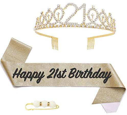 POPOYU Crystale Tiara Kit Couronne Écharpe pour Femme - Décoration Fête Anniversaire 21 Ans - Cadeau Anniversaire (Or)