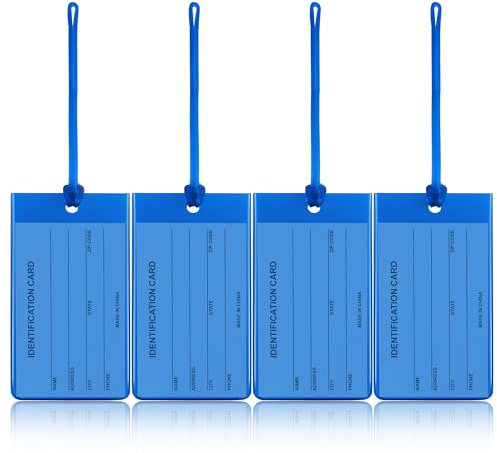 4 Pack Luggage Tags for Suitcases AUERVO Blue Flexible Durable Silicone Baggage Plastic Name Tags Travel ID Identification Labels for Backpack Bag Travel