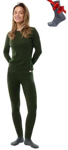 Merino.tech Completo Lana Donna Merinos - Intimo Termico Merino Maglia e Pantalone con Calzini Leggero, Medio, Pesante (Large, 320 Army Green)