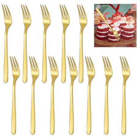 Plstod 12 forchettine da dolce 14 cm forchette da dessert dorate forchette acciaio inox forchette per frutt, per la casa matrimonio festa caffè ristorante tavolo decorazione