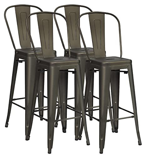 COSTWAY 4er Set Barhocker, Barstuhl Vintage stapelbar, Sitzhöhe 76cm, Tresenhocker mit abnehmarer Rückenlehne & Fußpolstern, Bistrostuhl küchenhocker aus Metall bis 150kg belastbar