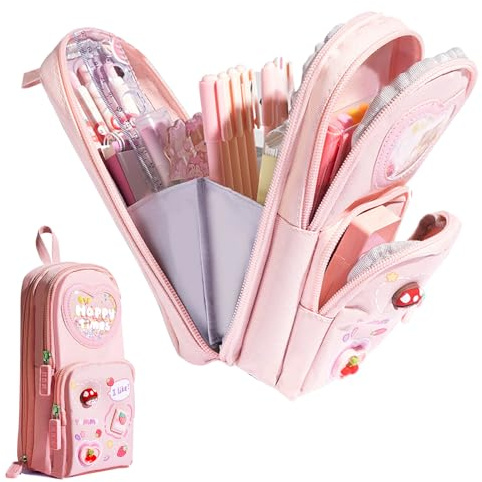Gsrhzd Estuches Escolares, Estuche Niña, Estuche Aesthetic de Gran Capacidad, Estuches Escolares 3 Compartimentos, para Niñas Niños Adolescentes Estudiantes Adultos, Rosa