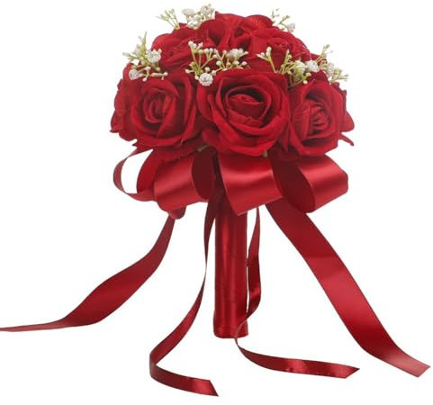 Bouquet da sposa rosso per sposa, rose artificiali, fiori finti rossi per matrimonio, bouquet di fiori artificiali, San Valentino, decorazione, festa