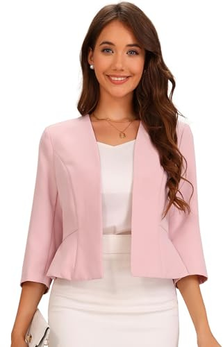 Blazer Court Élégant Femme Manches 3/4 et Ouvert Sur le Devant | Ourlet Péplum, Veste Cintrée de Bureau, Costume d'Affaire Basque