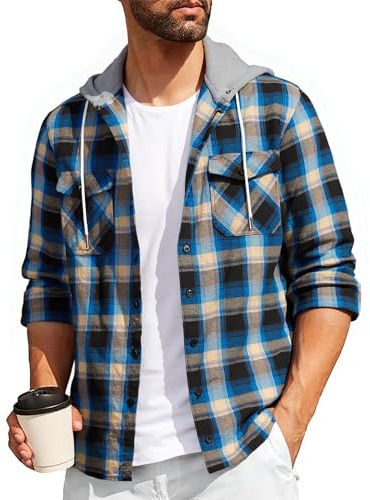 SwissWell Camisa a Cuadros Hombre Camisa de Franela para Hombre Sudaderas de Leñador de Manga Larga Exteriore Camisa Casual con Capucha Azul-Marrón XXL