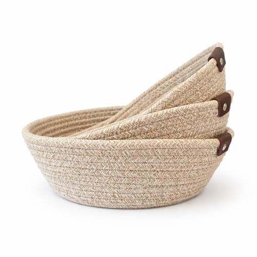ASTER HOME - Cestas de Almacenaje de Algodón - Set de 3 Cestas Organizadoras Multiusos para Bebé, Baño y Cocina - Cestas Decorativas para Cambiador, Juguetes, Cosméticos, Llaves y Mandos (Beige)