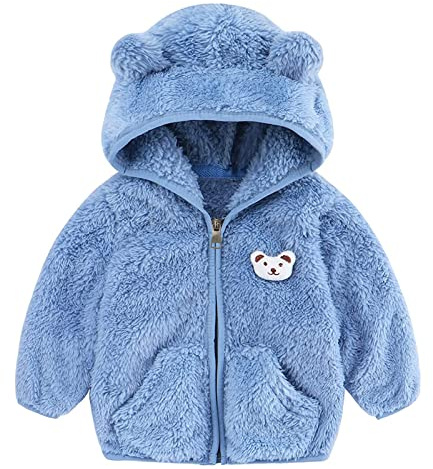 Niedlich Winterjacke Hoodie Fleecejacke mit Bärenohren Jungen Mädchen Wintermantel Neugeborenes Plüsch Reißverschluss Outwear Hooded Warme Manteljacke Fleece Gefütterte Jacke Baby (Blue, 12-18 Months)