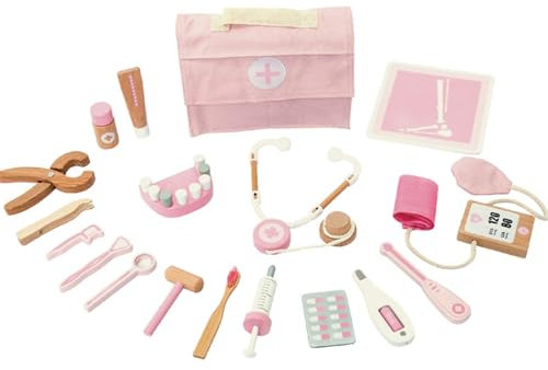 Malette Docteur en Bois, Jeux Enfant 3 Ans, Jeux d'Imitation du Médecin, Jouet pour Enfants de 3+ (Couleur Rose)