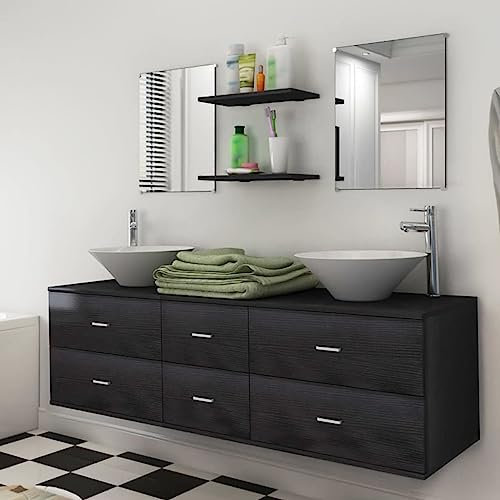 KLYEON Meubles de Salle de Bain 9 pcs avec lavabo et Robinet Noir,Ensemble de Meubles de Salle de Bain Complet Noir avec Double Vasque en céramique et robinets Ensembles de Meubles