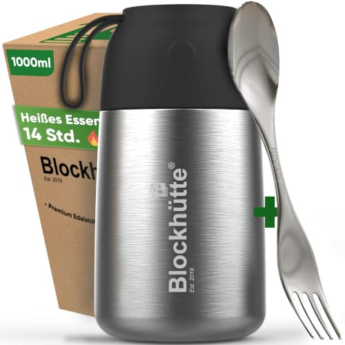 Blockhütte Food Flasks for Hot Food Adults 1L Stainless Steel | Hot Food Containers with Spork | Vacuum Insulated Thermal Lunch Box To Go for 14h Hot Meals, BPA Free - Black