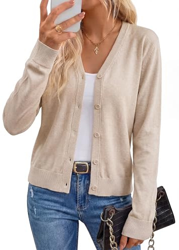 Arach&Cloz Womens 2026 Cardigan Sweaters Spring Summer Fashion Soft Wool Knit Long Sleeve Business Casual Outfits Work Trendy Cashmere Cardigans Lightweight Button Down Dressy Tops Apricot M