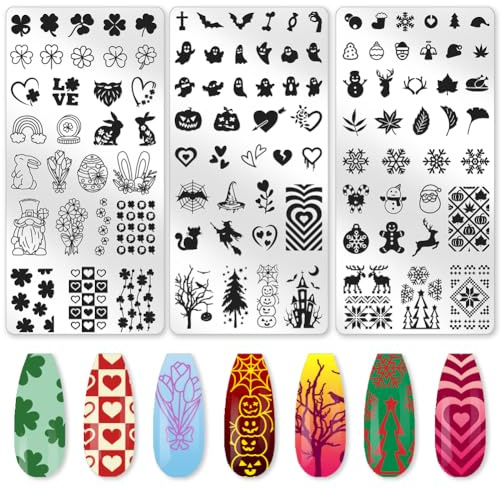 beinkmake 3Pcs Holiday Nail Stamping Plate Set Seasonal Halloween Christmas Nail Stamp Templates Valentine St. Patrick's Day Metal Reusable Tools with Stamper Scraper for Manicure Printing