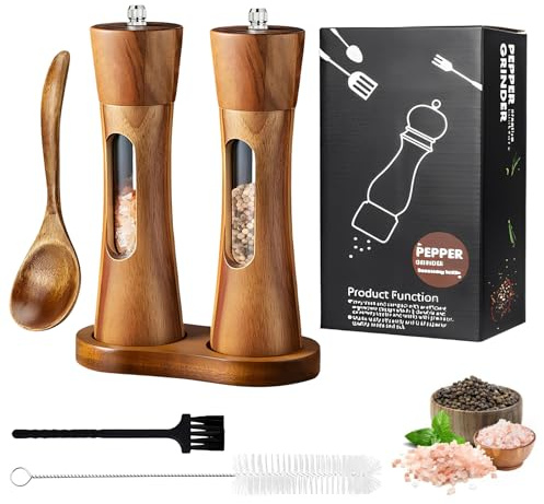 Salt och pepparkvarn, Suuwwn uppsättning av 2 träsalt och pepparkvarn med underlägg manuell kryddkvarn justerbar keramisk kvarn kryddkvarn kryddkvarn saltkvarn höjd 20 cm