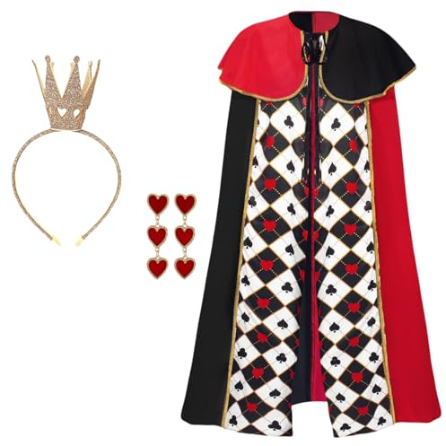 Maazusa Carnaval Reine Cape Déguisements Femmes Reine Adults Déguisement avec Cœur Cape Couronne Boucles d'oreilles en Forme de Cœur Pour Carnaval Anniversaire Party Costume