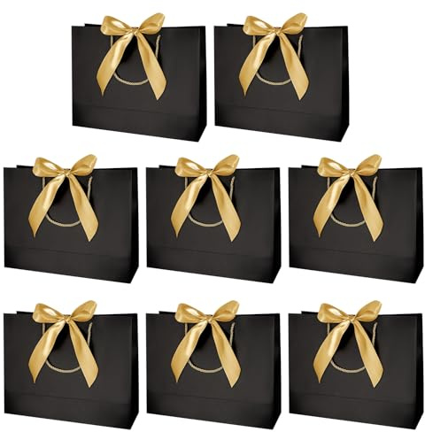 8 pieces Medium Gift Bag Black, Presents Gift Bags with Ribbon Gift Bag with Handles for Presents, Birthday, Party, Weddings, Souvenirs, 32 X 25 X 11cm