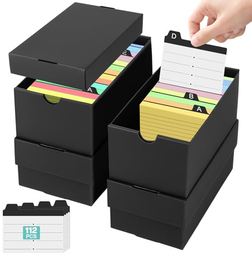 4Pcs Caja para Flashcards A7 con 112 Fichas A Rayas, para Tarjetas Estudio 74×105mm, Capacidad 980 Fichas, Caja de Aprendizaje Negra para Notas Recetas, Organización y Revisión en Casa Escuela Oficina