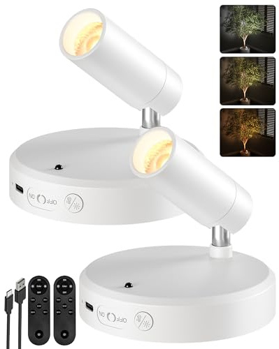 EZVALO Foco LED Inalámbrico, Aplique de 5500 mAh con Mando a Distancia y Temporizador, 3 Temperaturas de Color, Ideal para Iluminar Dormitorios, Cuadros y Plantas de Interior (2 Pieza, Blanco)