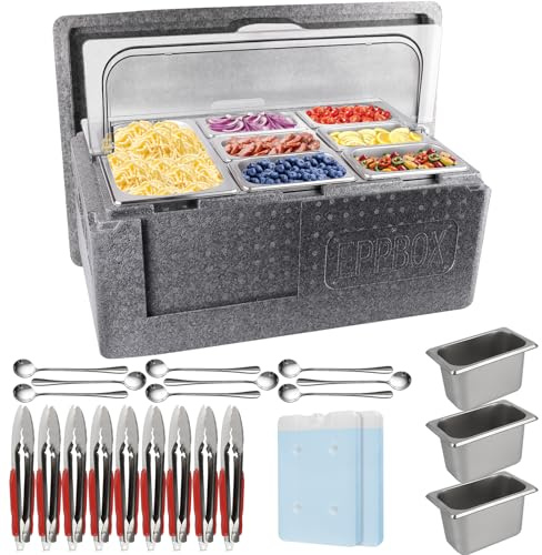 Kalolary Stazione per Condire Pizza 10 teglie per Buffet Insalate Portavivande Isolato per Alimenti Freddi con Ghiaccio Coperchi Contenitori Buffet Set Vassoi Buffet Feste per Mantenere il Cibo Freddo