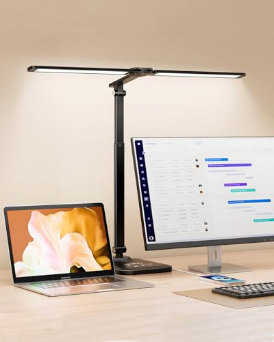 LED Desk Lamp for Office, Height Adjustable Desk Light with Double Head, 5 Color Modes X 10 Brightness Levels Desk Lamp with USB Charging Port for Reading, Study, Work, Crafts, Draw