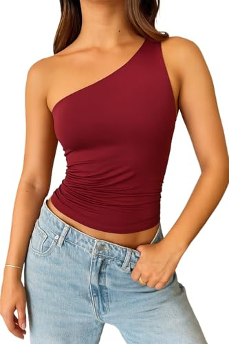 ForeFair One Shoulder Top for Women Going Out Summer Crop Tank Top Ruched (Burgundy,XS)