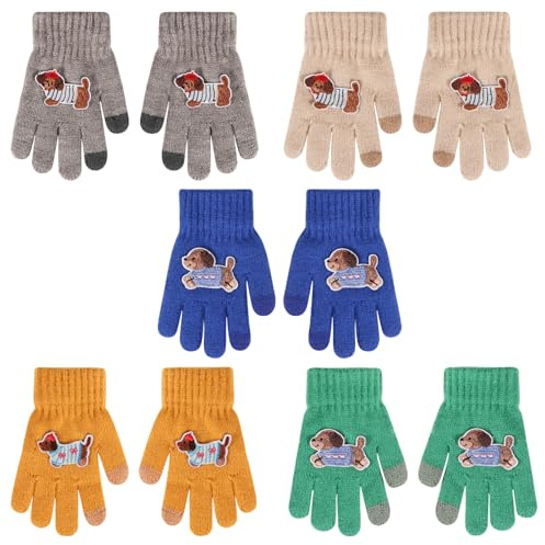 QKURT 5 paia di guanti termici invernali morbidi con motivo a cane, guanti elastici interi per bambini e bambine, guanto per bambini per il freddo, guanto per uso quotidiano, età 1-5