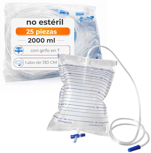 Bolsas de Orina 25 Piezas – 2000 ml Tubo 130 cm Grifo en T Graduada