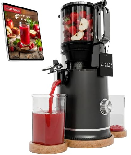 FERNHOLD Entsafter, 250W Slow Juicer Kaltentsafter mit Holz-Untersetzern & 130 mm XXL Einfüllschacht für ganze Früchte & Gemüse | BPA-frei | Rücklauffunktion | Inkl. 2 Gläsern & Saftrezepte