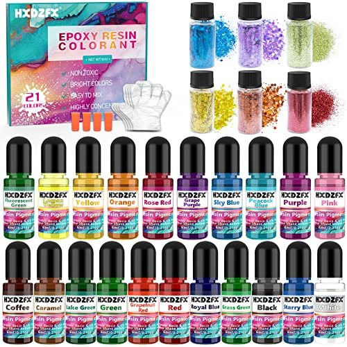 Epoxy Resin Pigment - 21 Colors Liquid Clear Epoxy Resin Colorant, 6 Colors Resin Glitter, Highly Concentrated Epoxy Resin Dye for DIY Jewelry Making, Resin Crafts(6ml Each)