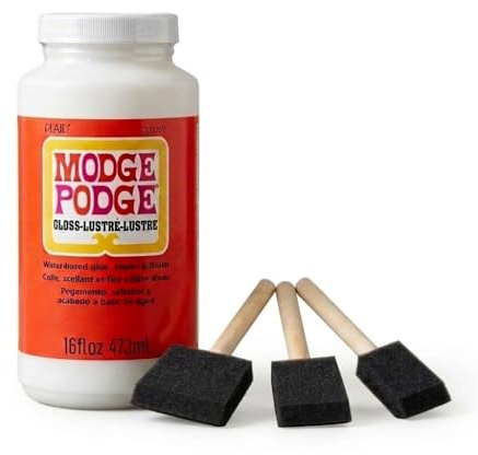 Modge Podge Gloss Sealer Glue 473ml (16oz) Decoupage Craft Finish – Clear Drying Craft Adhesive for Wood Paper Fabric with 3 Foam Brushes – Non Toxic Gloss Sealer