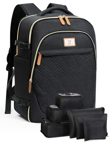 Lekesky Sac à dos de voyage imperméable pour ordinateur portable de 17 avec 6 cubes d'emballage pour homme et femme, Noir/carreaux, 43,1 cm, Sac à dos de voyage