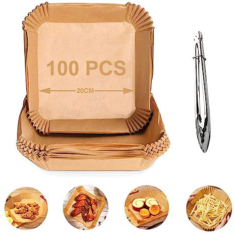 Nutabevr 20cm Carta Forno Per Friggitrice Ad Aria,100 Pezzi Antigrasso Antiaderente Fodera Quadrati e un portavivande,Antiaderente Usa e Getta Carta Pergamena per Air Fryer,Forno,Padelle,Microonde