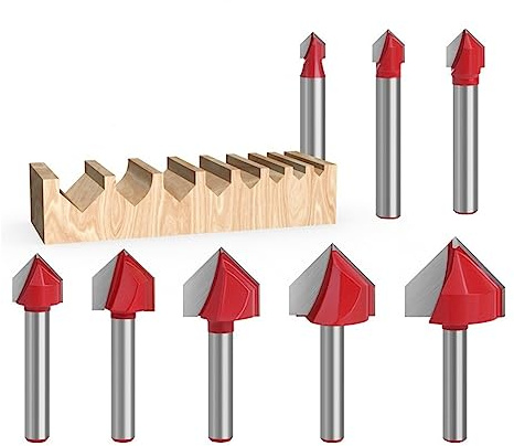 8pcs/set V Groove Router Bits, 6.35mm Shank 90 Deg V Type Slotting Cutter Carving Grooving Tools