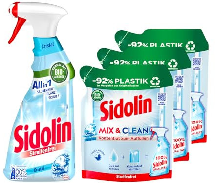 Sidolin Streifenfrei Cristal Glasreiniger (500 ml) + Sidolin Mix & Clean Konzentrat zum Auffüllen Cristal (3x 125 ml), All in 1 Glasreiniger für Sauberkeit, Glanz & Schutz, mit Bio-Alkohol