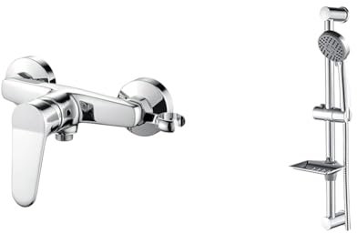 Ibergrif M12059-1, Mitigeur monocommande Douche, Robinet Douche Universel Filetage G1/2 & M20903 Ensemble Barre de Douche 55 CM, Douchette, Flexible, Porte-Savon, Chrome, Argent