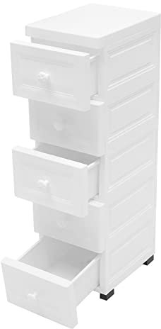 JUUTALK Badezimmerschrank Beistellschrank Schmal Kommode mit 5 Schubladen für Badezimmer, Wohnzimmer, Esszimmer, Küche, modern, mystisches modern Weiß 25 x 34 x 82 cm