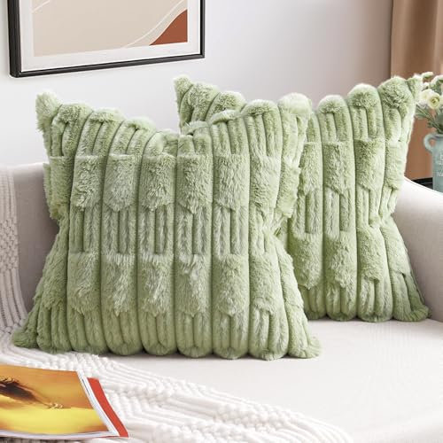 ZWJD 2er Set Grün Kissenbezug 45x45 Kunstpelz Plüsch Kissenbezüge Weiche Kissenhülle Flauschig Dekokissen Moderne Kissen Deko für Wohnzimmer Sofa Schlafzimmer Auto Dekor Sofakissen 45 x 45cm