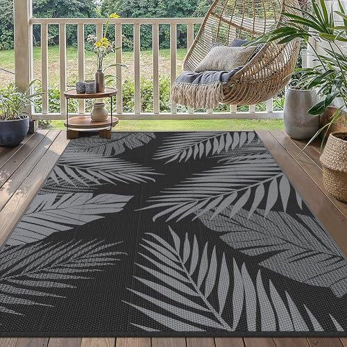 GENIMO Outdoor Rug 120x180cm – Waterproof Reversible Garden Rug, Washable UV Resistant Plastic Carpet for Patio, Balcony, RV, Picnic, Backyard – Black & Grey