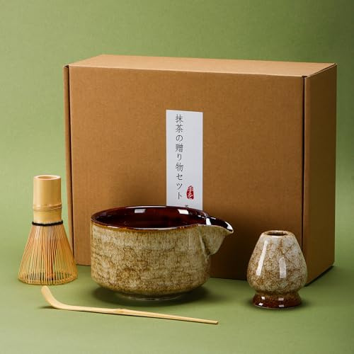 DiDiBirDi Matcha Tea Set 4 Pcs, JapaneseTraditional Ceramic Bowl, Bamboo Whisk (Chasen), Scoop (Chashaku), Holder (brown)