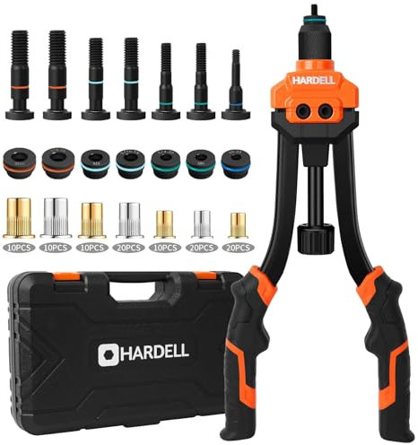 HARDELL Remachadora de Tuercas, Kit de 14 con 100 Tuercas Remachables y 7 Mandriles Métricos e Imperiales (M6, M8, M10, 1/4-20, 5/16-18, 3/8-16, 10-24) y Maletín Resistente para Automóvil y Bricolaje