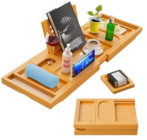 HAVNOR Bamboo Bath Tray, Expandable & Foldable Bathtub Shelf with Book Rest, Phone & iPad Holder, Adjustable Premium Wooden Bath Tray for Relaxing Home Spa, Fits All Tub Sizes