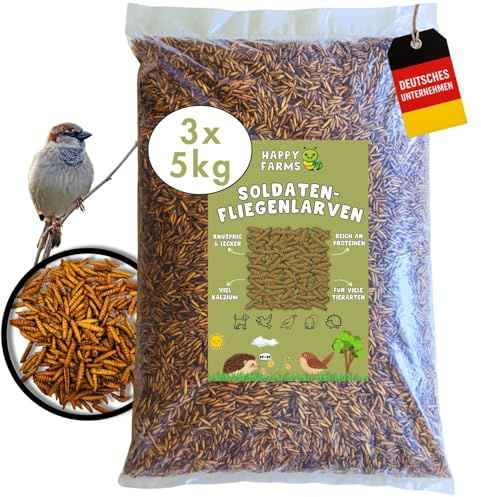 HappyFarms Larves de Mouches Soldats séchées – Plus de Calcium Que Les vers de Farine. 15 kg de Nourriture pour Oiseaux Sauvages, Poissons et hérissons