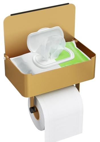 Caja para toallitas húmedas y papel papel higiénico Gypie sin taladrar, soporte dorado y acero inoxidable