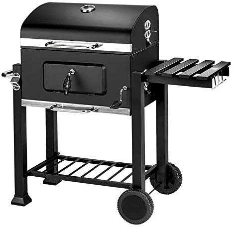 Barbacoa de carbón de jardín, carro de cocción de carbón, con bandeja de carbón regulable en altura, tapa, termómetro, tamaño XXL, gran ahumadero de barbacoa
