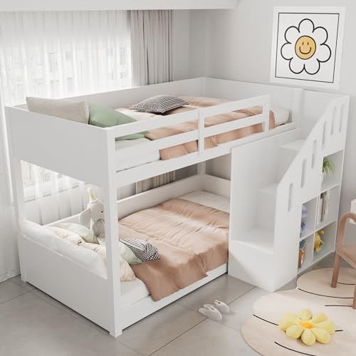 Jtyca Bunk Bed for Kids, Single Cabin Bed with Storage and Stable Railings, Twin Sleeper Bunk Beds with Stairs and Storage Cabinets for Children, Solid Pine Wood, 3FT-90 x 190cm, White, (No Mattress)