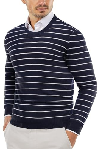 COOFANDY Pull Homme Rayé Col Rond Pullover Tricot Fin Business pour Hommes Bleu Marine L