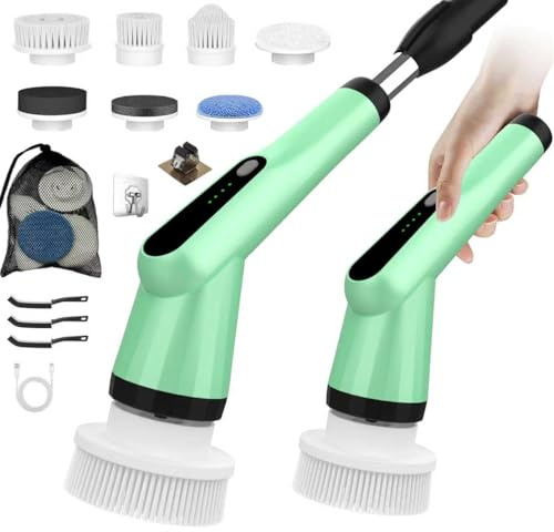 Spazzola Rotante Pulizia Casa, Spazzola Elettrica per pulizia 7 Testine, Spazzola Pulizia Doccia per Bagno, Cucina, Auto, Impermeabile IPX7 e 2 Velocità Manico Regolabile (verde)